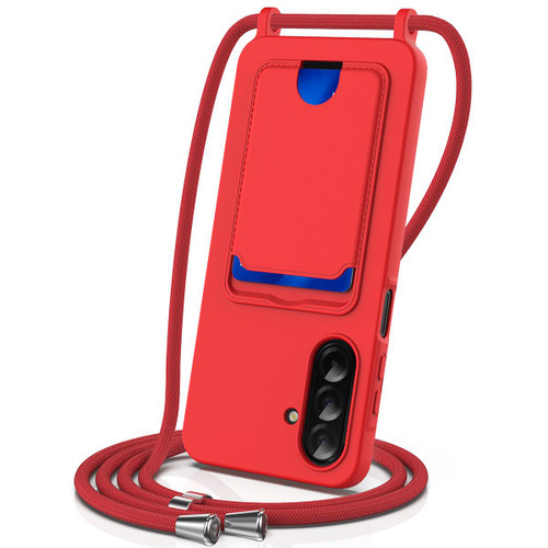 Samsung Galaxy A37 5G Integrated Card Bag Solid Color Liquid Silicone Phone Case with Lanyard - Red