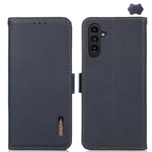Samsung Galaxy A37 5G KHAZNEH Side-Magnetic Litchi Genuine Leather RFID Phone Case - Blue