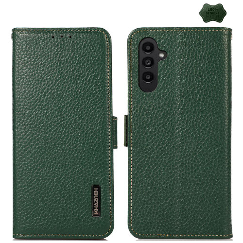 Samsung Galaxy A37 5G KHAZNEH Side-Magnetic Litchi Genuine Leather RFID Phone Case - Green