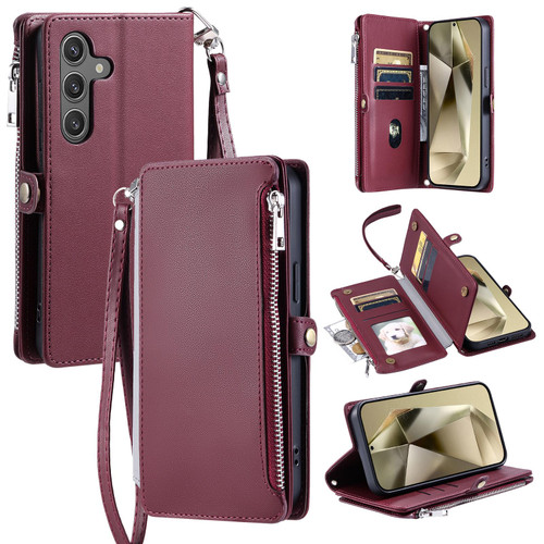 Samsung Galaxy A37 5G Leather Stitching Multi-card Slot Zipper Phone Case - Wine Red