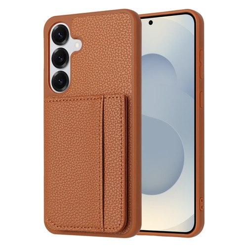 Samsung Galaxy A37 5G Litchi Pattern Magnetic Card Bag Holder Phone Case - Brown