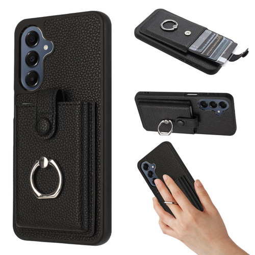 Samsung Galaxy A37 5G Litchi Texture Drawing Card Bag Ring Holder Phone Case - Black