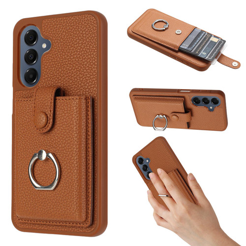 Samsung Galaxy A37 5G Litchi Texture Drawing Card Bag Ring Holder Phone Case - Brown