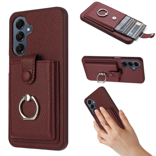 Samsung Galaxy A37 5G Litchi Texture Drawing Card Bag Ring Holder Phone Case - Wine Red