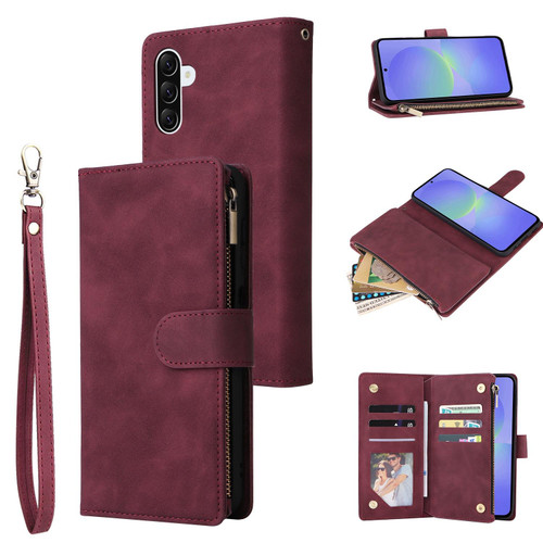 Samsung Galaxy A37 5G Multifunctional Frosted Zipper Wallet Leather Phone Case - Wine Red