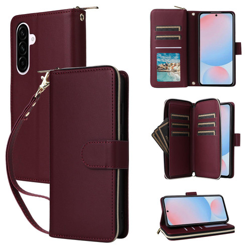 Samsung Galaxy A37 5G Nine-card Slots Zipper Wallet Bag Leather Phone Case - Wine Red
