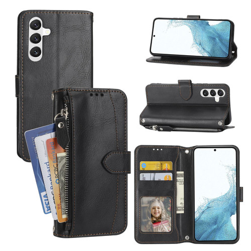 Samsung Galaxy A37 5G Oil Skin Zipper Wallet Leather Phone Case - Black