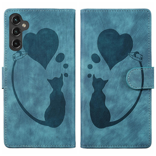 Samsung Galaxy A37 5G Pen Heart Cat Embossed Leather Phone Case - Blue