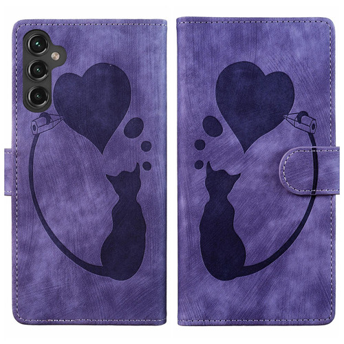 Samsung Galaxy A37 5G Pen Heart Cat Embossed Leather Phone Case - Purple