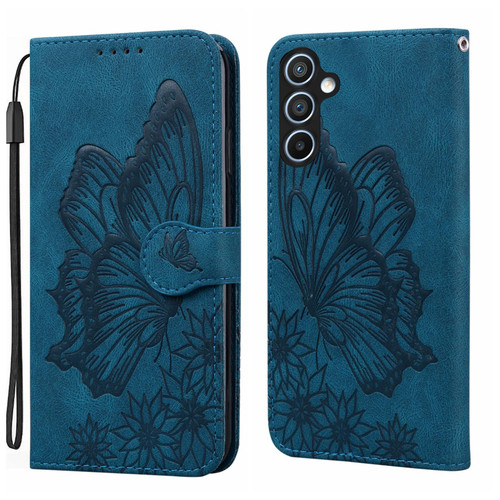 Samsung Galaxy A37 5G Retro Skin Feel Butterflies Embossing Horizontal Flip Leather Phone Case - Blue