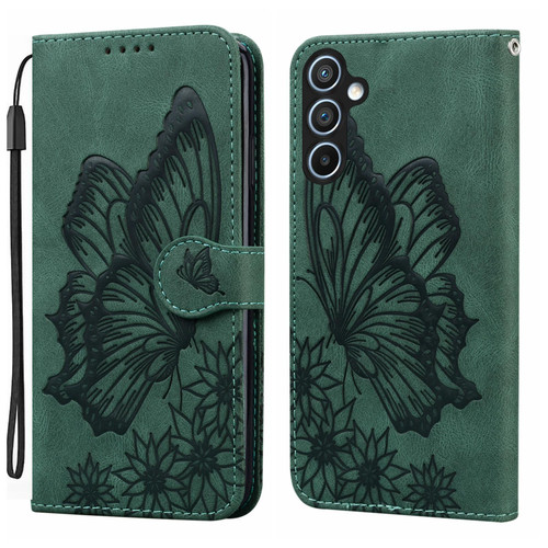 Samsung Galaxy A37 5G Retro Skin Feel Butterflies Embossing Horizontal Flip Leather Phone Case - Green