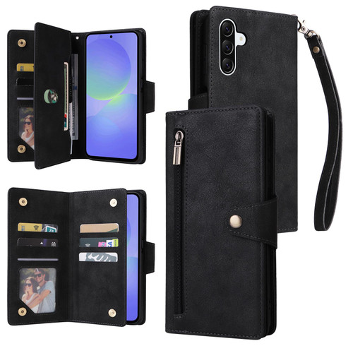 Samsung Galaxy A37 5G Rivet Buckle 9 Cards Three Fold Leather Phone Case - Black