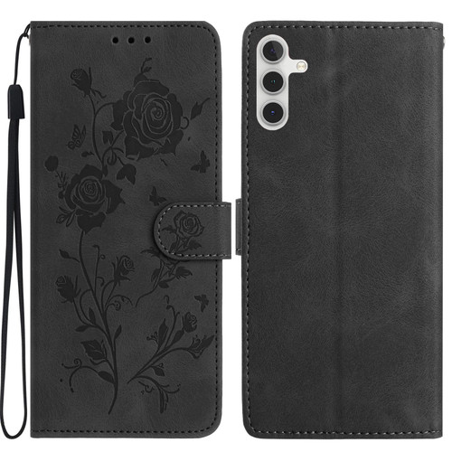 Samsung Galaxy A37 5G Rose Flower Embossing Pattern Leather Phone Case - Black