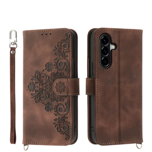 Samsung Galaxy A37 5G Skin Feel Flowers Embossed Wallet Leather Phone Case - Brown