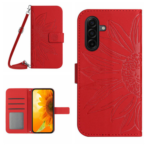 Samsung Galaxy A37 5G Skin Feel Sun Flower Embossed Flip Leather Phone Case with Lanyard - Red