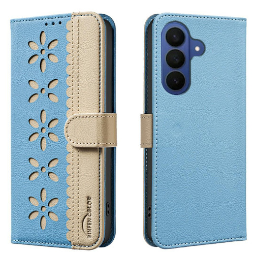 Samsung Galaxy A37 5G Splicing Color Hollow Flower Pattern RFID Leather Phone Case - Baby Blue