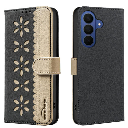 Samsung Galaxy A37 5G Splicing Color Hollow Flower Pattern RFID Leather Phone Case - Black