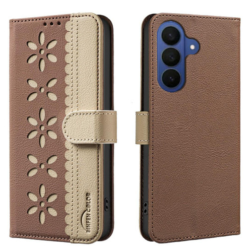 Samsung Galaxy A37 5G Splicing Color Hollow Flower Pattern RFID Leather Phone Case - Brown