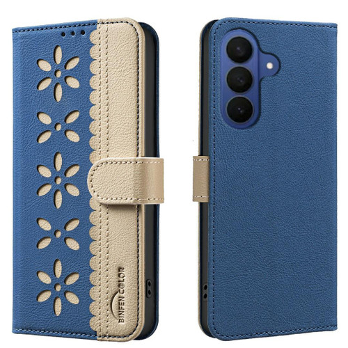Samsung Galaxy A37 5G Splicing Color Hollow Flower Pattern RFID Leather Phone Case - Dark Blue