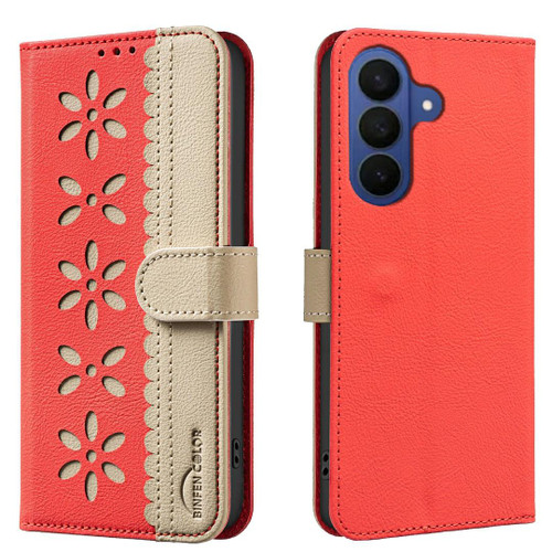 Samsung Galaxy A37 5G Splicing Color Hollow Flower Pattern RFID Leather Phone Case - Red