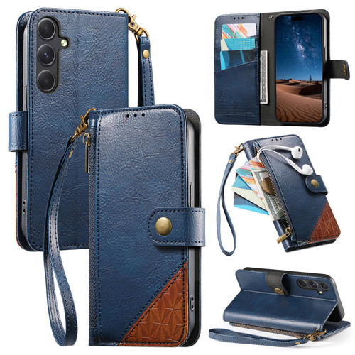 Samsung Galaxy A37 5G Splicing Zipper Wallet Vegan Leather Phone Case with Strap - Blue