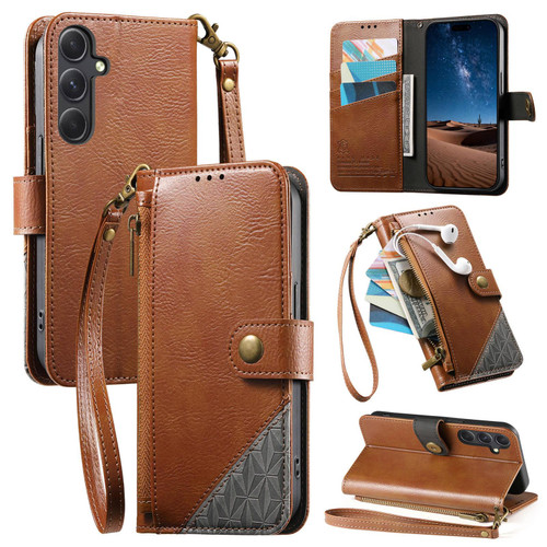 Samsung Galaxy A37 5G Splicing Zipper Wallet Vegan Leather Phone Case with Strap - Brown