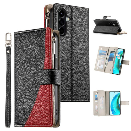 Samsung Galaxy A37 5G Stitching Multi-card Zipper Wallet Leather Phone Case with Short Strap - Black