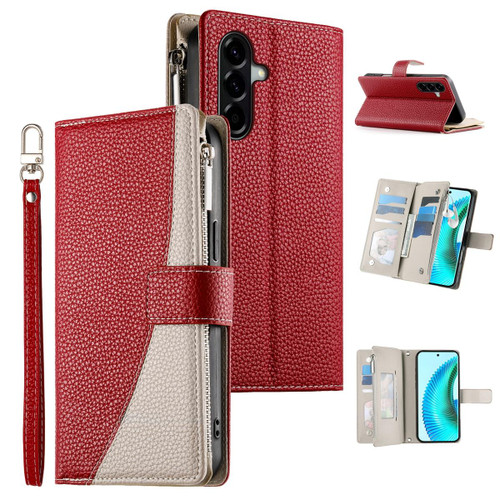 Samsung Galaxy A37 5G Stitching Multi-card Zipper Wallet Leather Phone Case with Short Strap - Red