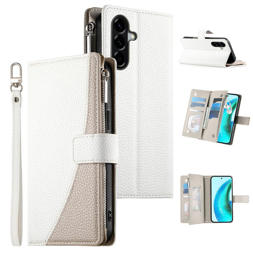 Samsung Galaxy A37 5G Stitching Multi-card Zipper Wallet Leather Phone Case with Short Strap - White