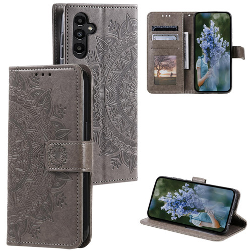 Samsung Galaxy A37 5G Totem Flower Embossed Leather Phone Case with Lanyard - Grey