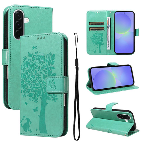Samsung Galaxy A37 5G Tree & Cat Embossed Pattern Flip Leather Phone Case - Green