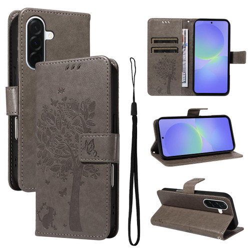 Samsung Galaxy A37 5G Tree & Cat Embossed Pattern Flip Leather Phone Case - Grey