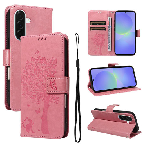 Samsung Galaxy A37 5G Tree & Cat Embossed Pattern Flip Leather Phone Case - Pink