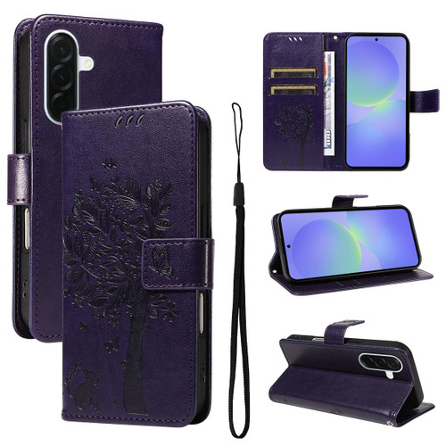 Samsung Galaxy A37 5G Tree & Cat Embossed Pattern Flip Leather Phone Case - Purple