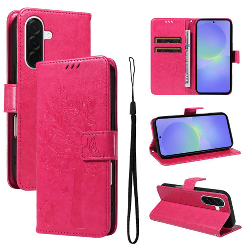 Samsung Galaxy A37 5G Tree & Cat Embossed Pattern Flip Leather Phone Case - Rose Red