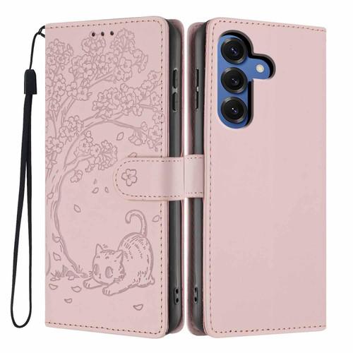 Samsung Galaxy A37 5G Tree Cat Embossed Flip Vegan Leather Phone Case - Rose Gold