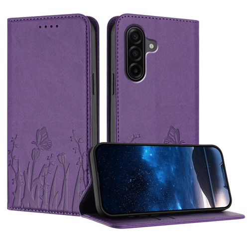 Samsung Galaxy A37 5G Tulips Butterfly Pattern Magnetic Vegan Leather Phone Case - Dark Purple