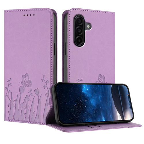 Samsung Galaxy A37 5G Tulips Butterfly Pattern Magnetic Vegan Leather Phone Case - Light Purple