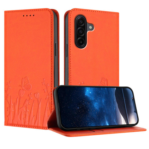 Samsung Galaxy A37 5G Tulips Butterfly Pattern Magnetic Vegan Leather Phone Case - Orange