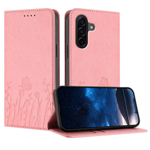 Samsung Galaxy A37 5G Tulips Butterfly Pattern Magnetic Vegan Leather Phone Case - Pink