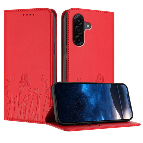 Samsung Galaxy A37 5G Tulips Butterfly Pattern Magnetic Vegan Leather Phone Case - Red