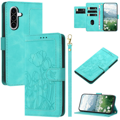 Samsung Galaxy A37 5G Tulips Embossed Leather Phone Case with Lanyard - Green
