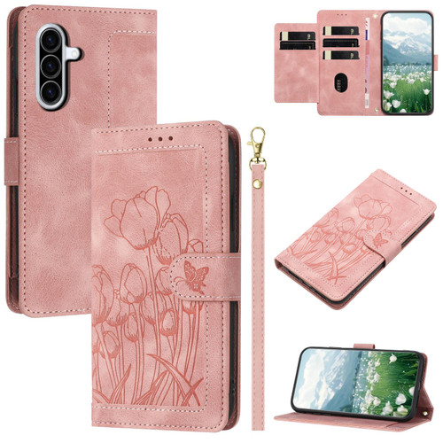 Samsung Galaxy A37 5G Tulips Embossed Leather Phone Case with Lanyard - Pink