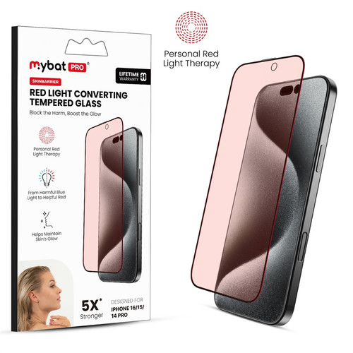 MyBat Pro SkinBarrier Red Light Converting Tempered Glass Screen Protector for Apple iPhone 16 / iPhone 15 / 14 Pro - Black