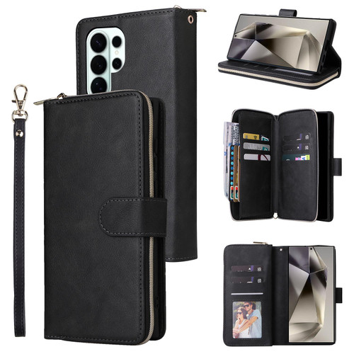 Samsung Galaxy S26 Ultra 5G 9-Card Slots Zipper Wallet Bag Leather Phone Case - Black