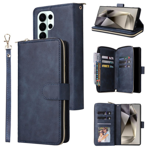 Samsung Galaxy S26 Ultra 5G 9-Card Slots Zipper Wallet Bag Leather Phone Case - Blue