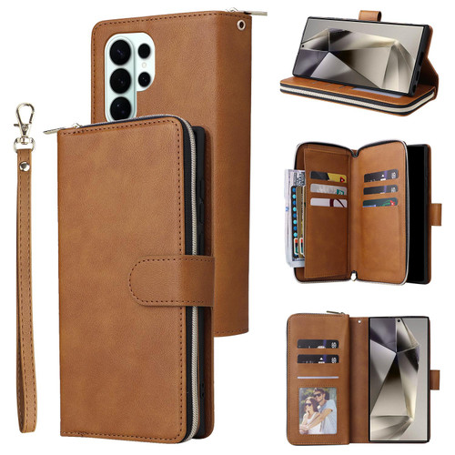 Samsung Galaxy S26 Ultra 5G 9-Card Slots Zipper Wallet Bag Leather Phone Case - Brown