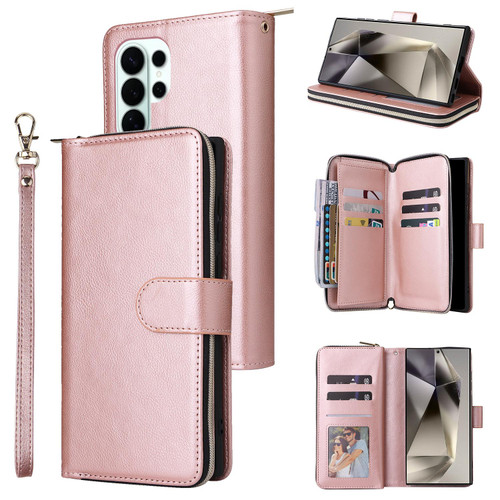 Samsung Galaxy S26 Ultra 5G 9-Card Slots Zipper Wallet Bag Leather Phone Case - Rose Gold