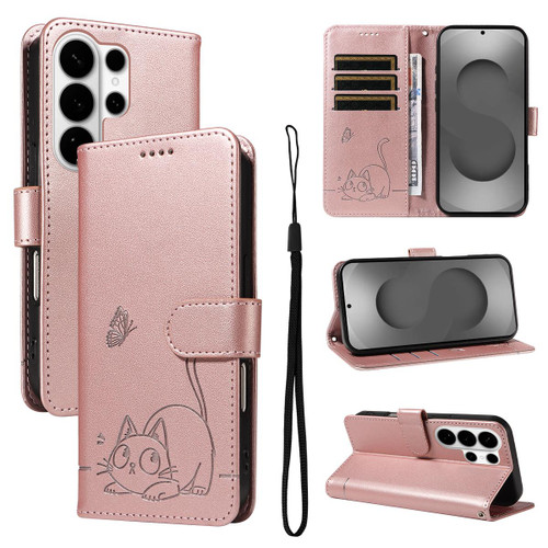 Samsung Galaxy S26 Ultra 5G Adorable Cat Embossed Pattern Flip Leather Phone Case - Rose Gold