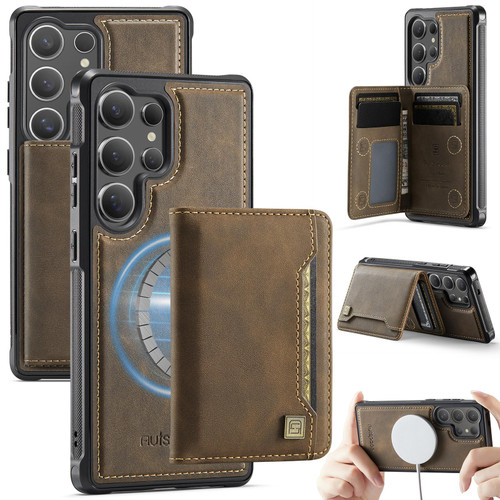 Samsung Galaxy S26 Ultra 5G AutSpace A13 MagSafe Magnetic RFID Flip Card Bag Phone Case - Coffee